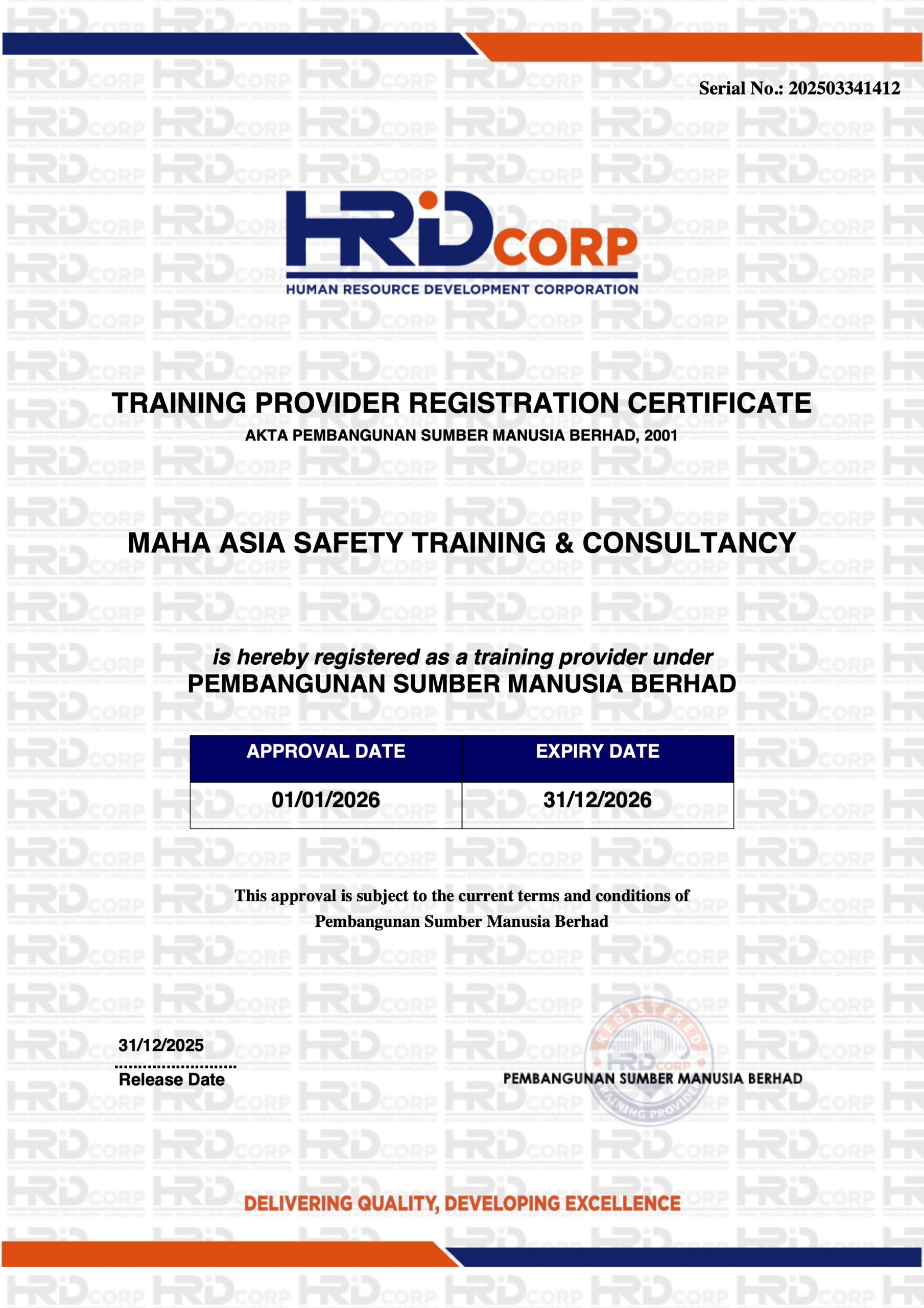 MAHA ASIA Safety Training and Consultancy HRD Corp training provider certificate